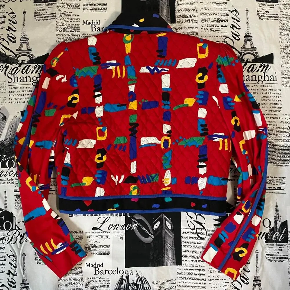 Sherri Lane red geometric pattern unique 80s vintage jacket cropped quilted sz 8 - Picture 2 of 4